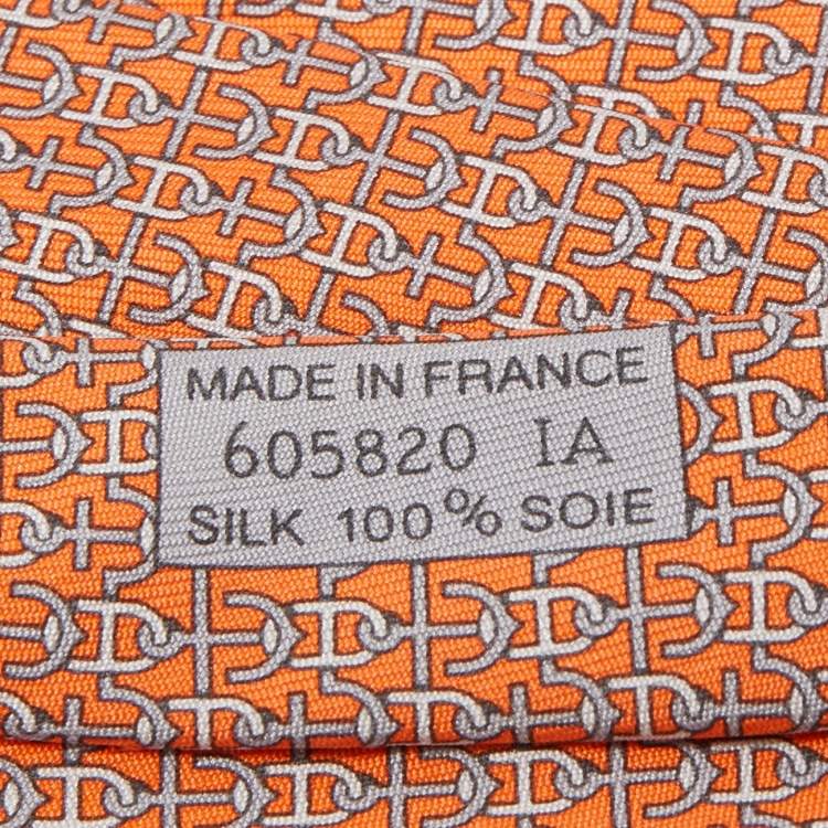 Pre Owned Hermes Orange  & Anchor Print Silk Tie