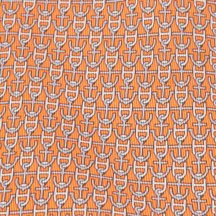 Pre Owned Hermes Orange  & Anchor Print Silk Tie
