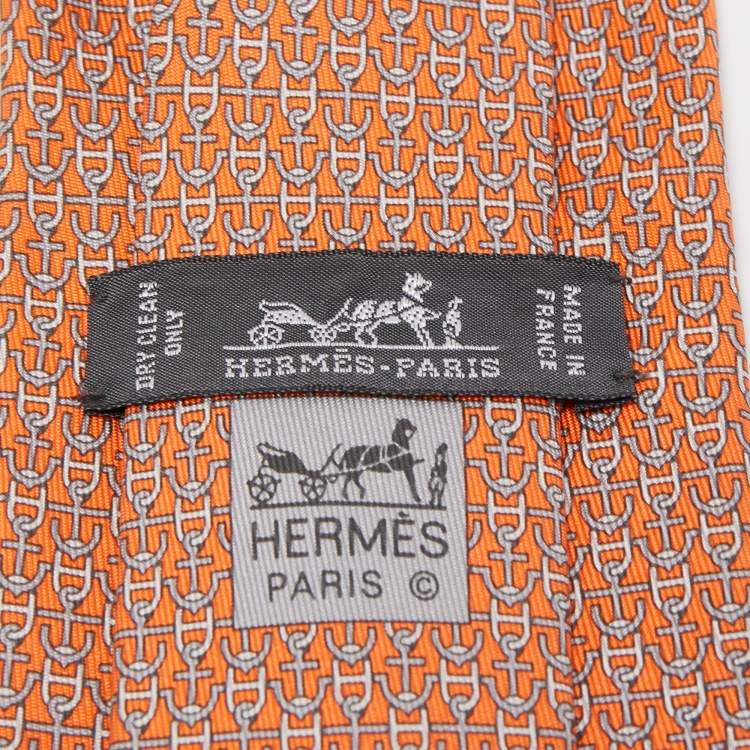 Pre Owned Hermes Orange  & Anchor Print Silk Tie