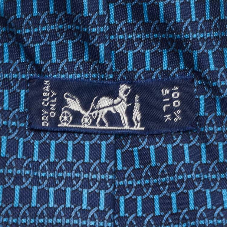 Pre Owned Hermes Blue Geometric Print Silk Tie