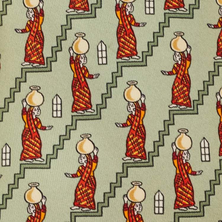Pre Owned Hermes Green Woman Jug Bearer Print Silk Tie