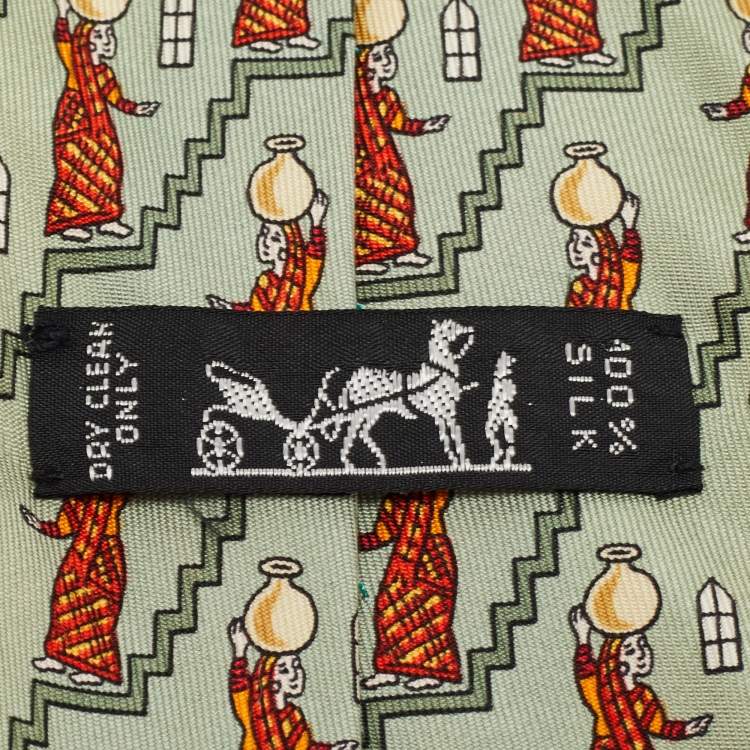 Pre Owned Hermes Green Woman Jug Bearer Print Silk Tie