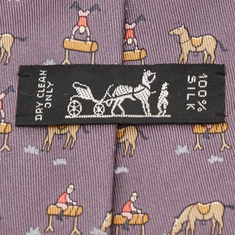 Pre Owned Hermes Pale Purple Horse Jockey Print Silk Tie
