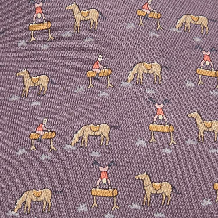 Pre Owned Hermes Pale Purple Horse Jockey Print Silk Tie