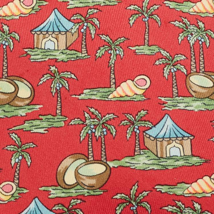مملوكة مسبقًا Hermes Red Tropical Island Printed Silk Tie