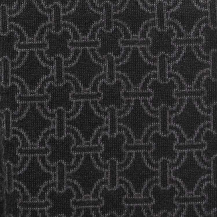 Pre Owned Hermes Black/Grey Chain Pattern Cashmere & Silk Reversible Muffler