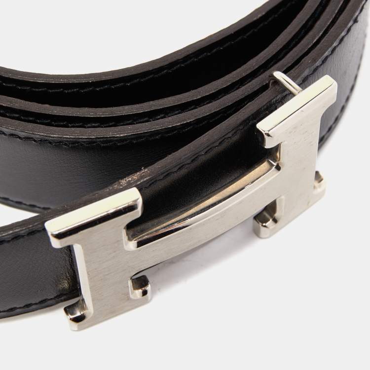 Pre Owned Hermes Black/Chocolat Box and Togo Leather H Buckle Reversible Belt 90CM
