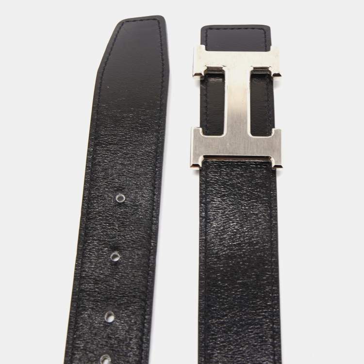 Pre Owned Hermes Black/Chocolat Box and Togo Leather H Buckle Reversible Belt 90CM