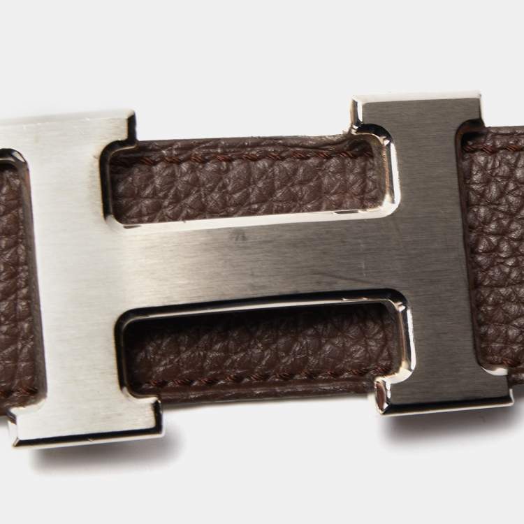 Pre Owned Hermes Black/Chocolat Box and Togo Leather H Buckle Reversible Belt 90CM