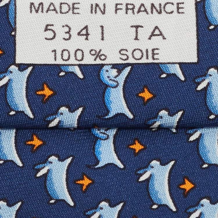 مملوكة مسبقًا Hermes Navy Blue Rabbits Print Silk Traditional Tie