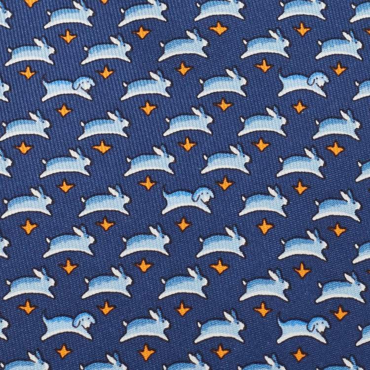 مملوكة مسبقًا Hermes Navy Blue Rabbits Print Silk Traditional Tie