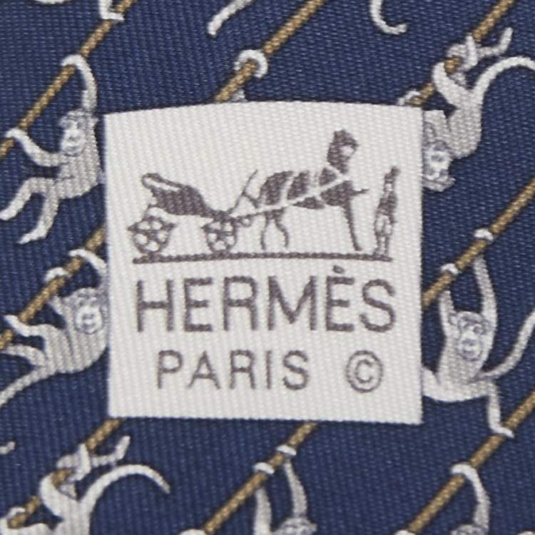 Pre Owned Hermes Navy Blue Monkey Print Silk Tie