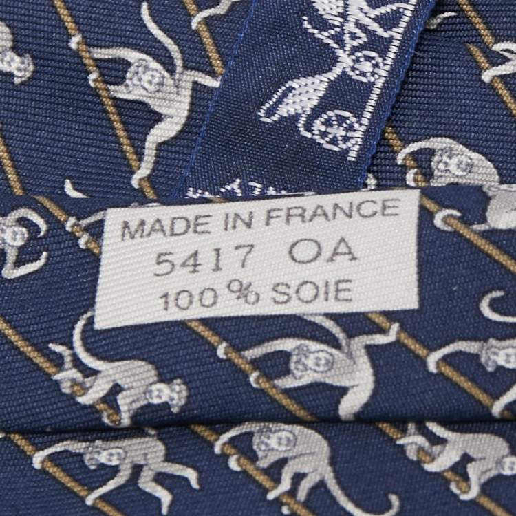 Pre Owned Hermes Navy Blue Monkey Print Silk Tie