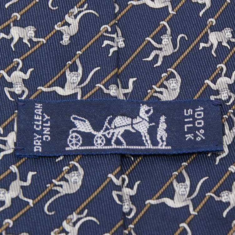 Pre Owned Hermes Navy Blue Monkey Print Silk Tie