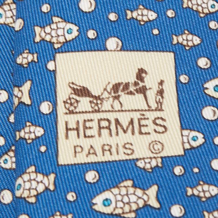 مملوكة مسبقًا Hermes Blue Fish Print Silk Tie