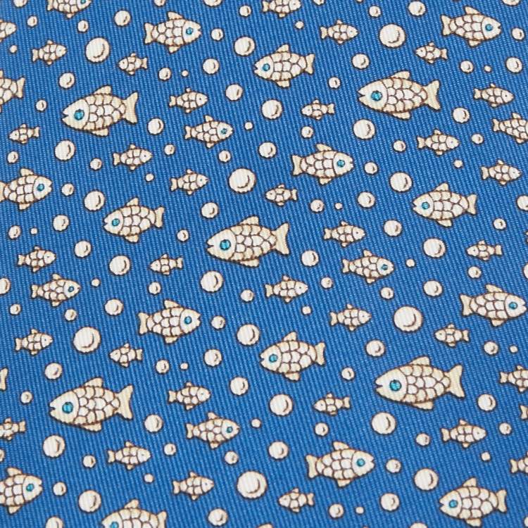 مملوكة مسبقًا Hermes Blue Fish Print Silk Tie