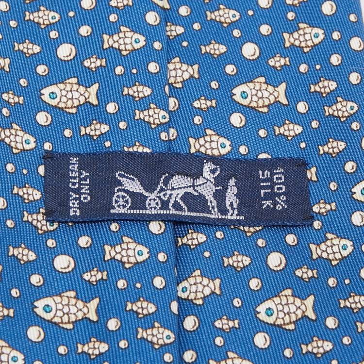 مملوكة مسبقًا Hermes Blue Fish Print Silk Tie