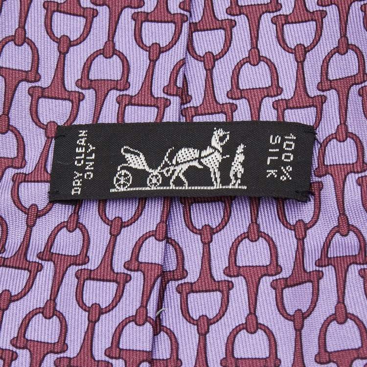 Pre Owned Hermes Purple Horsebit Print Silk Traditional Tie