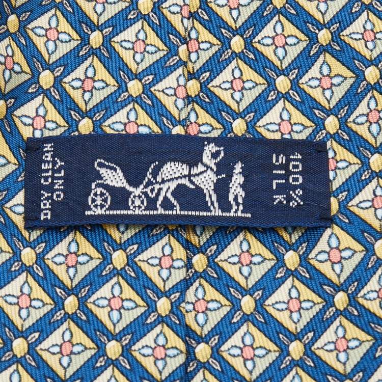 Pre Owned Hermes Blue Classic Pattern Print Silk Tie