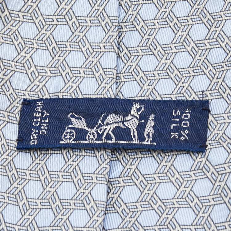 Pre Owned Hermes Blue H Link Print Silk Tie