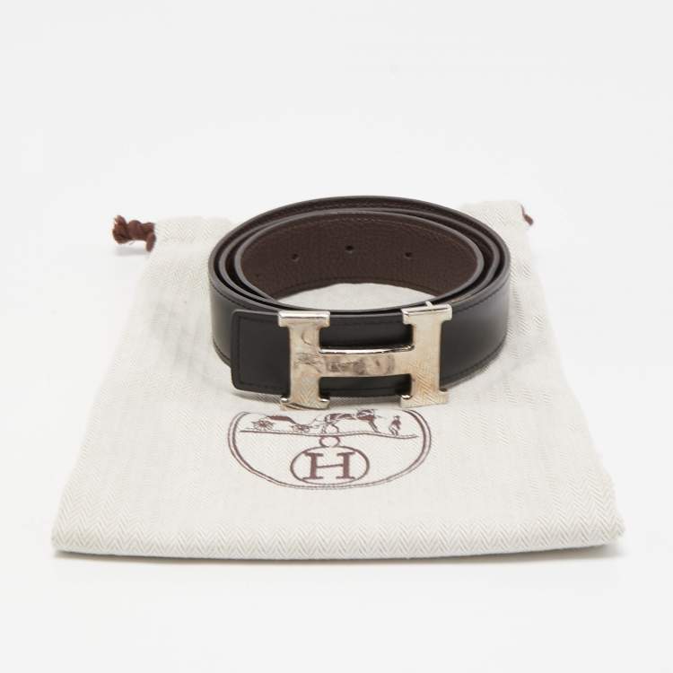 Pre Owned Hermes Black/Chocolat Box and Togo Leather Reversible H Buckle Belt 90CM