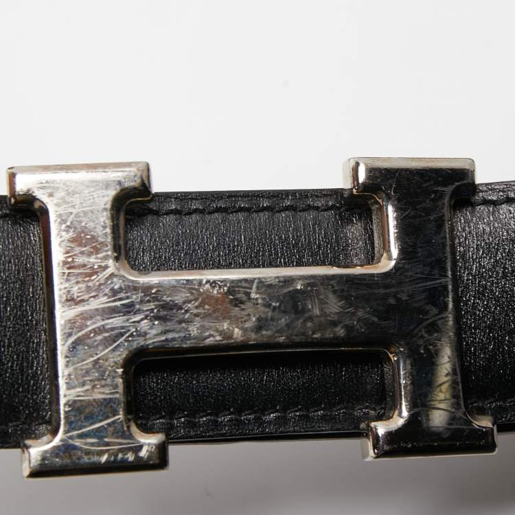 Pre Owned Hermes Black/Chocolat Box and Togo Leather Reversible H Buckle Belt 90CM