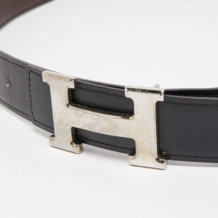Pre Owned Hermes Black/Chocolat Box and Togo Leather Reversible H Buckle Belt 90CM