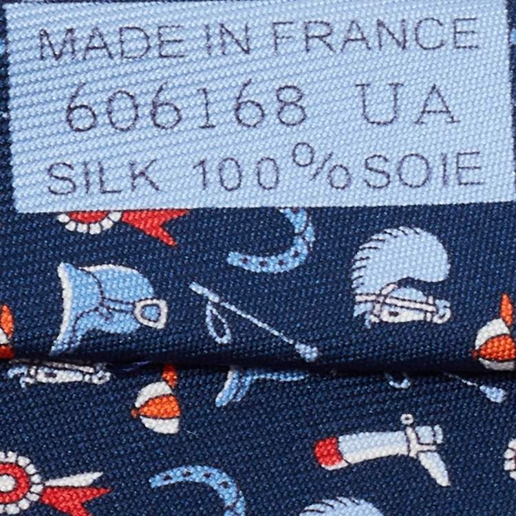 Pre Owned Hermes Navy Blue Equestrian Print Silk Tie