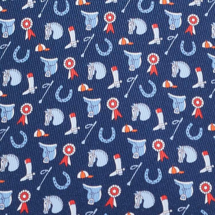 Pre Owned Hermes Navy Blue Equestrian Print Silk Tie