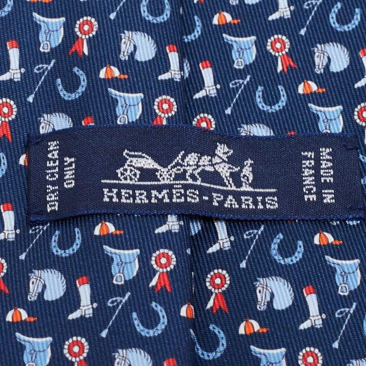 Pre Owned Hermes Navy Blue Equestrian Print Silk Tie