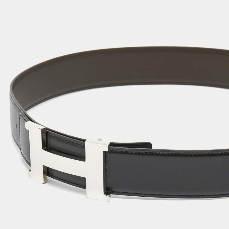 Pre Owned Hermes Black/Chocolat Box and Swift Leather Reversible Constance Belt 85CM