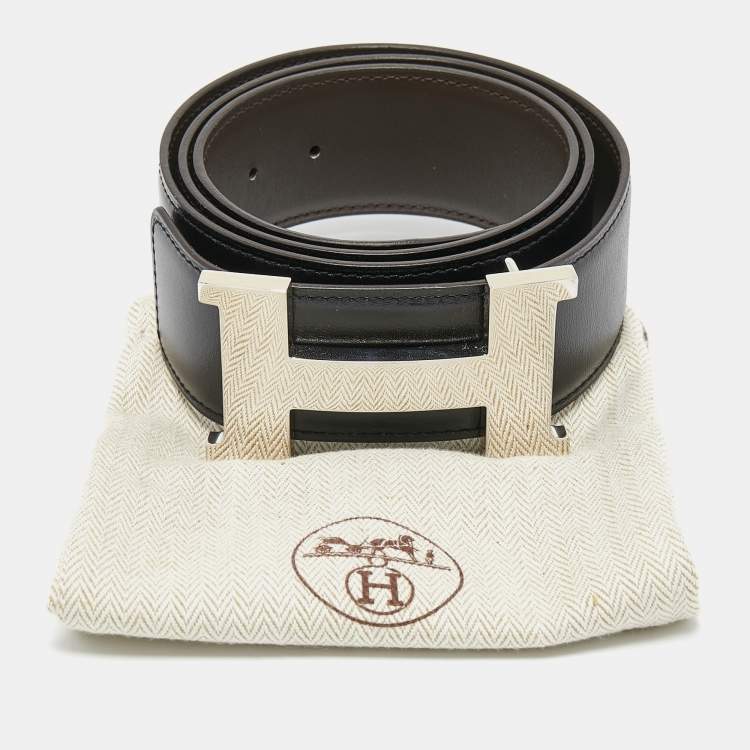 Pre Owned Hermes Black/Chocolat Box and Swift Leather Reversible Constance Belt 85CM
