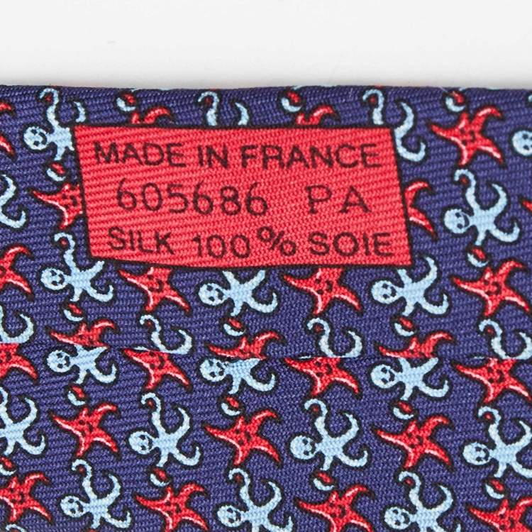 Pre Owned Hermes Navy Blue Octopus & Starfish Print Silk Tie