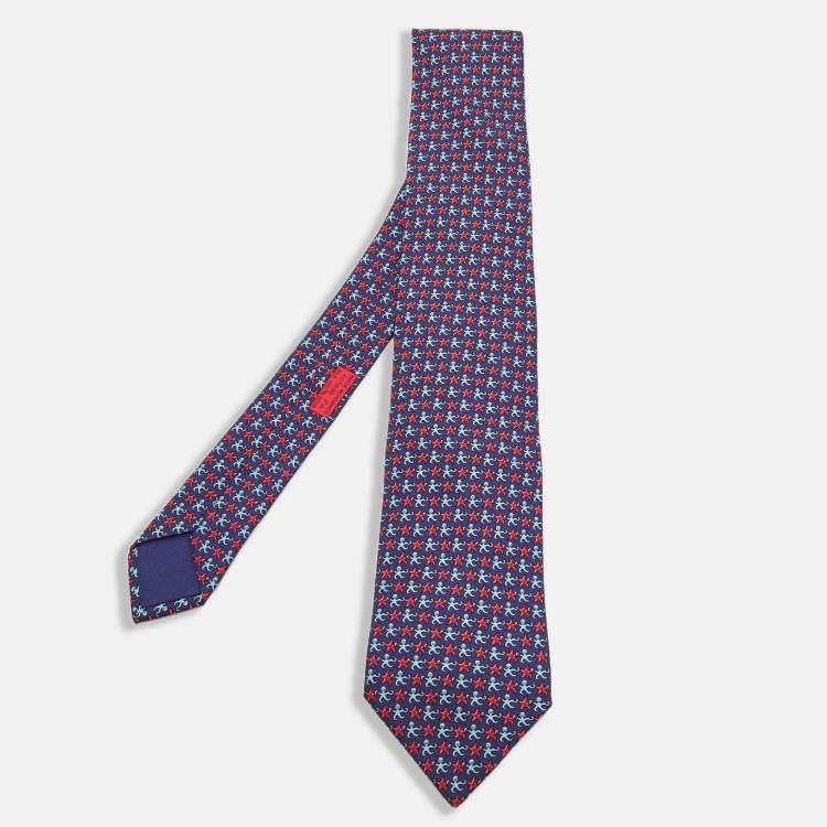 Pre Owned Hermes Navy Blue Octopus & Starfish Print Silk Tie