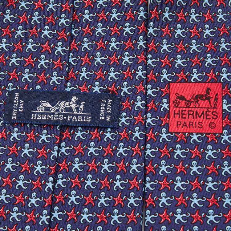 Pre Owned Hermes Navy Blue Octopus & Starfish Print Silk Tie