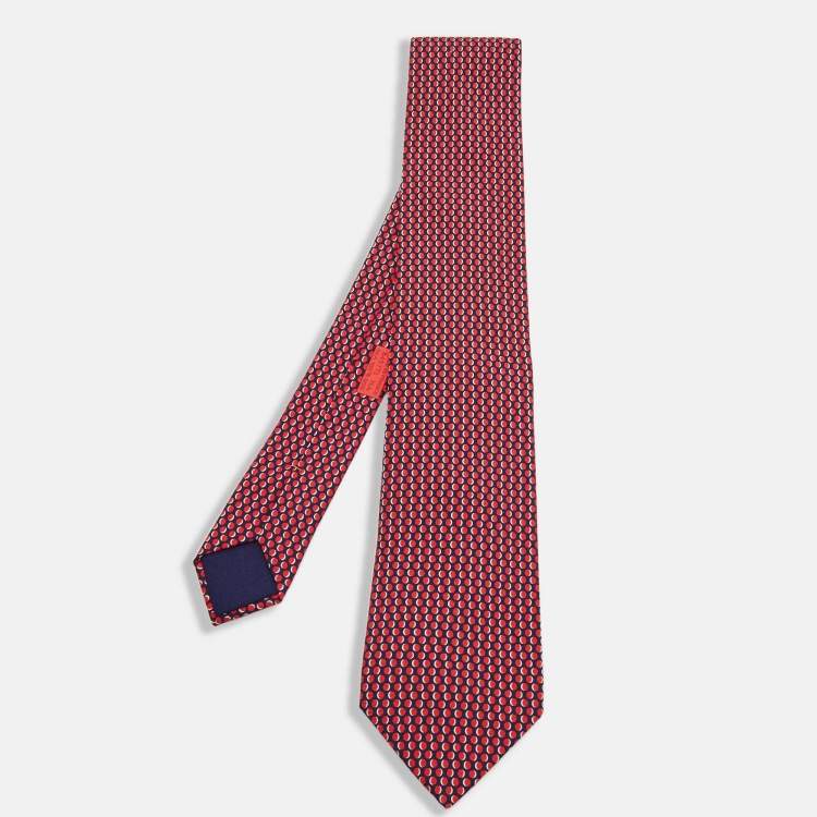 Pre Owned Hermes Red/Navy Blue Dotted Silk Tie