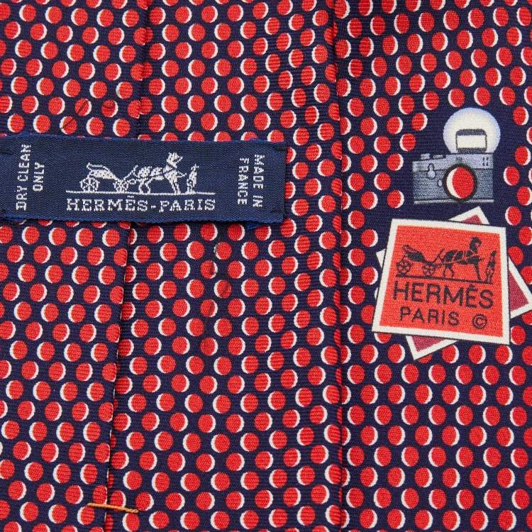 Pre Owned Hermes Red/Navy Blue Dotted Silk Tie