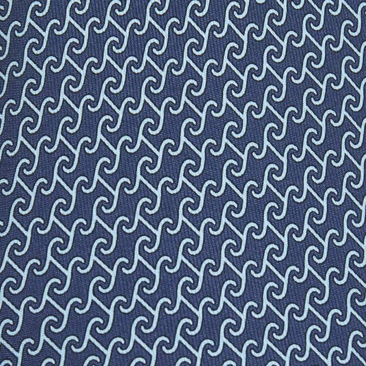 Pre Owned Hermes Dark Blue Twill Printed Silk Heraklion Tie
