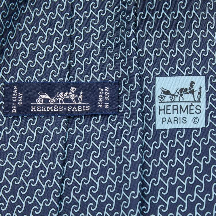 Pre Owned Hermes Dark Blue Twill Printed Silk Heraklion Tie