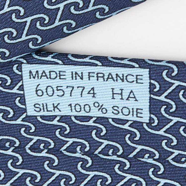 Pre Owned Hermes Dark Blue Twill Printed Silk Heraklion Tie
