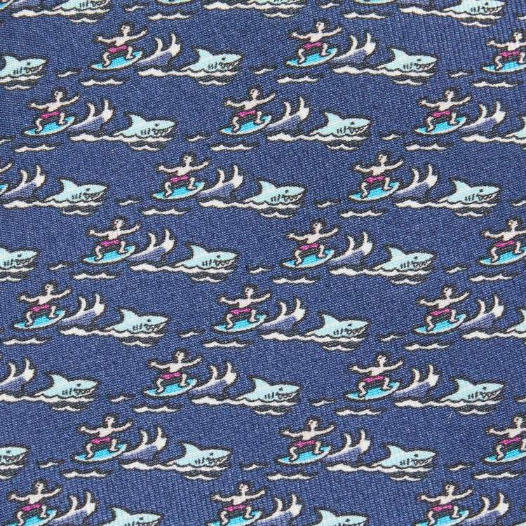 Pre Owned Hermes Blue Surf Print Silk Tie