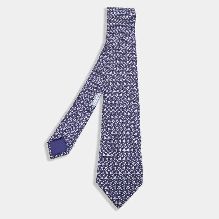 Pre Owned Hermes Dark Blue Turtle Print Silk Tie