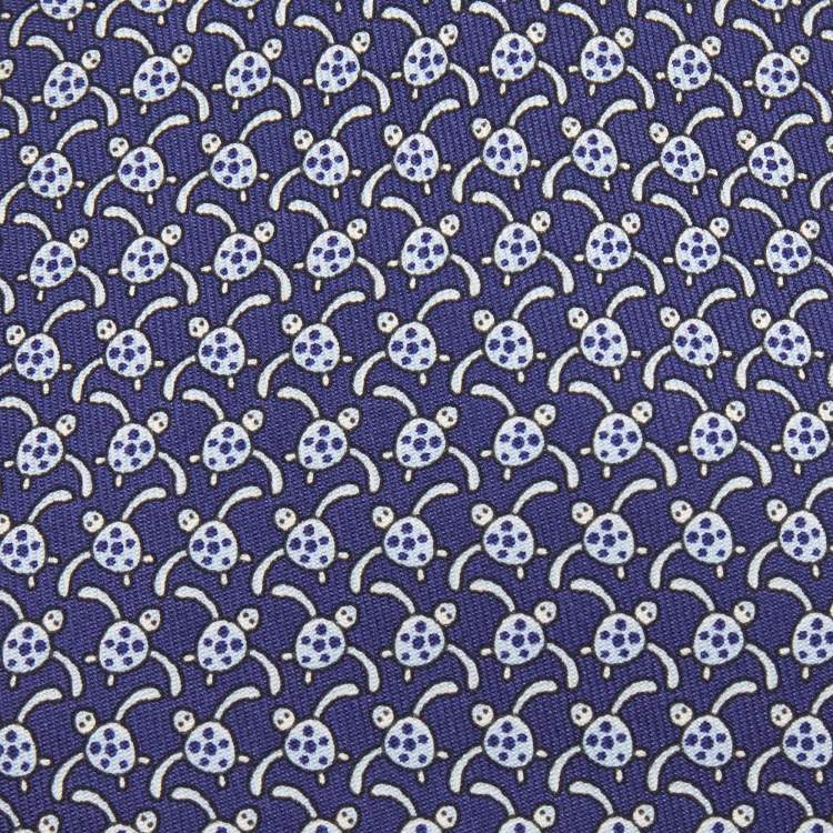 Pre Owned Hermes Dark Blue Turtle Print Silk Tie