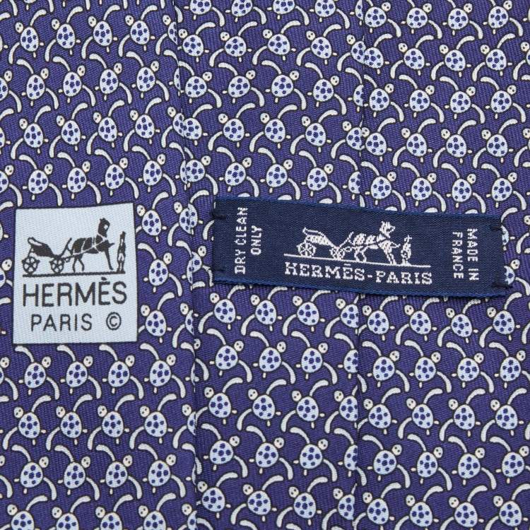 Pre Owned Hermes Dark Blue Turtle Print Silk Tie