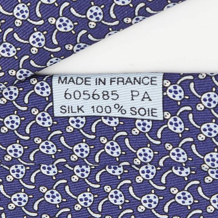 Pre Owned Hermes Dark Blue Turtle Print Silk Tie