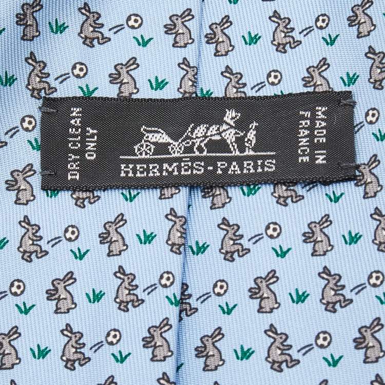 Pre Owned Hermes Blue Rabbit Print Silk Tie