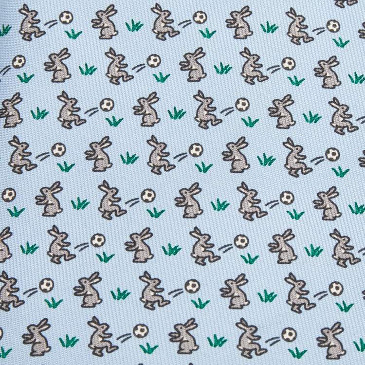 Pre Owned Hermes Blue Rabbit Print Silk Tie