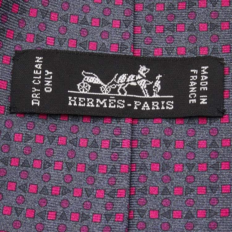 Pre Owned Hermes Grey/Purple Geometric Print Silk Tie
