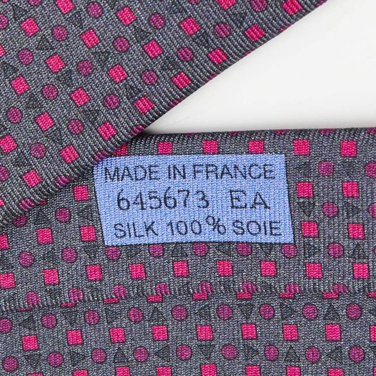 Pre Owned Hermes Grey/Purple Geometric Print Silk Tie