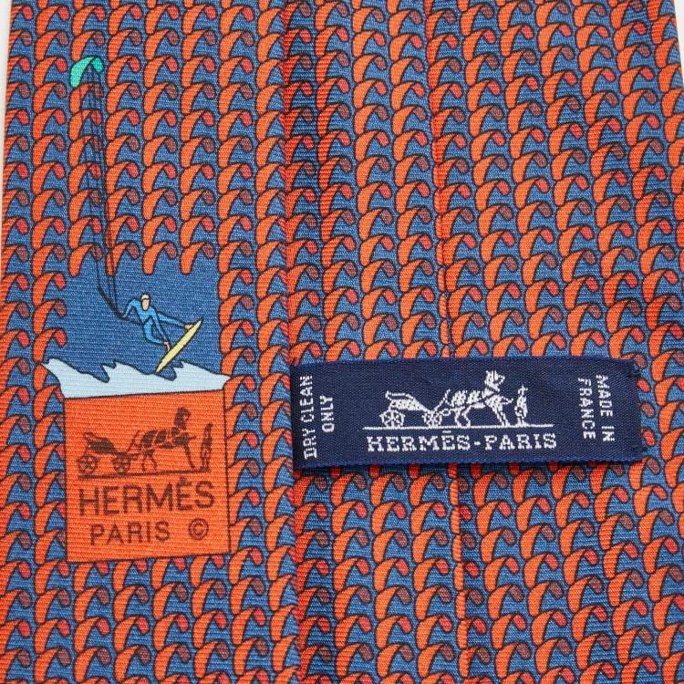 Pre Owned Hermes Red/Blue Surfing Print Silk Tie
